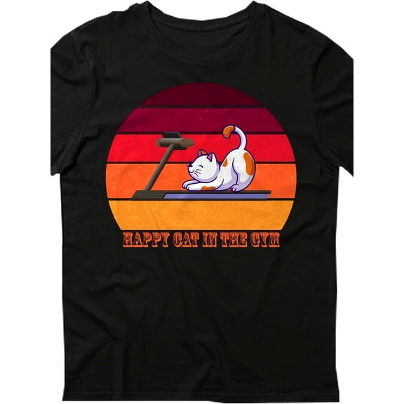 Gym Cat Graphic Tee Retro T-Shirt Top Sunset Design Cotton Fashion Casual Short Sleeve Round Neck Black S-5XL