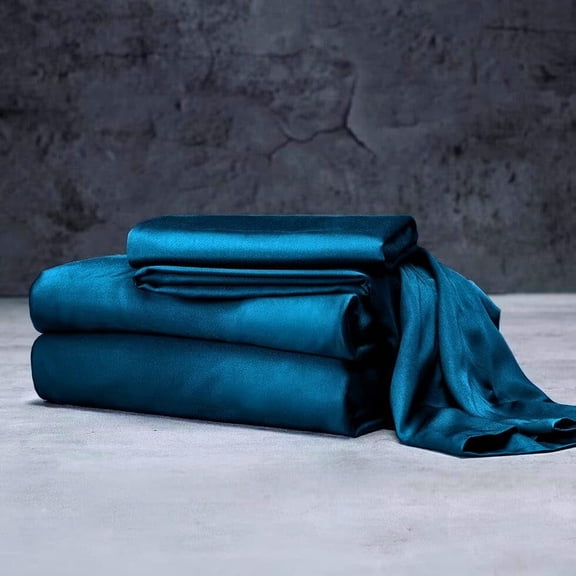 Mulberry Silk Satin Sheet Set - 4 Pc (1 Flat Sheet, 1 Fitted Sheet, 2 Pillowcases) - Smooth Bedding for Queen/King Bed - Wrinkle-Resistant, 15" Deep Pockets, Breathable & Cooling.(Teal,FULL)