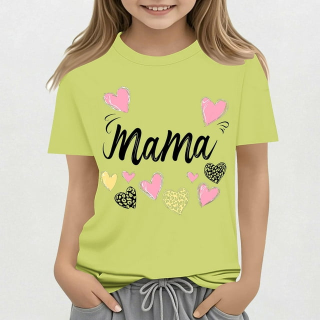 hengsof T-Shirt à Manches Courtes Imprimé Doux et à la Mode pour Filles, Chandail Décontracté Confortable, Cadeau de Vacances à Col Rond pour Filles 3-15 Ans