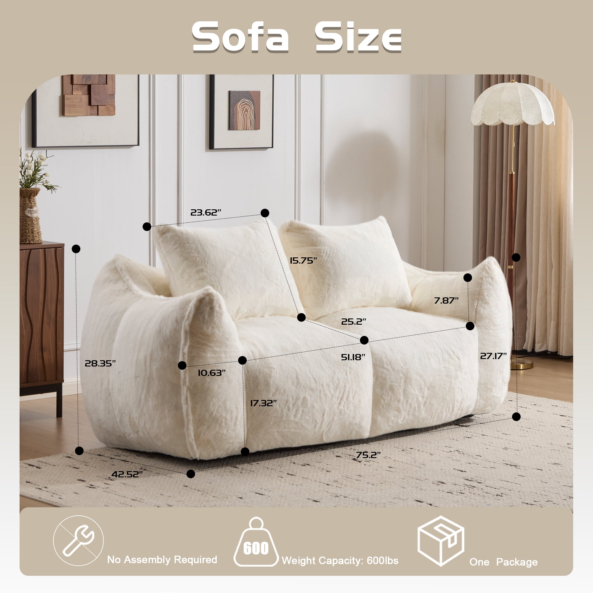 Aukfa Faux Fur Loveseat, 25" Deep Seat Giant Bean Bag Sofa for Living Room, White