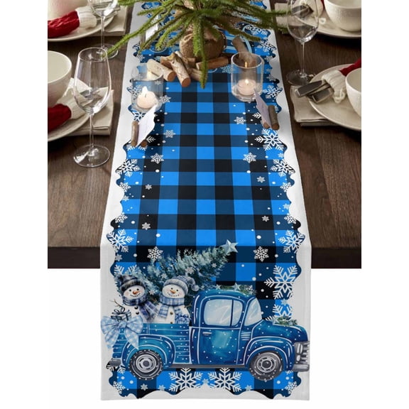 Blue Plaid Christmas Truck Cotton Linen Table Runner for Dining Kitchen, Xmas Tree Snowman Snowflake Wedding Outdoor Party Tablerunners Decoration, Dresser Scarf Coffee Tablecloth Runners 13"x70"