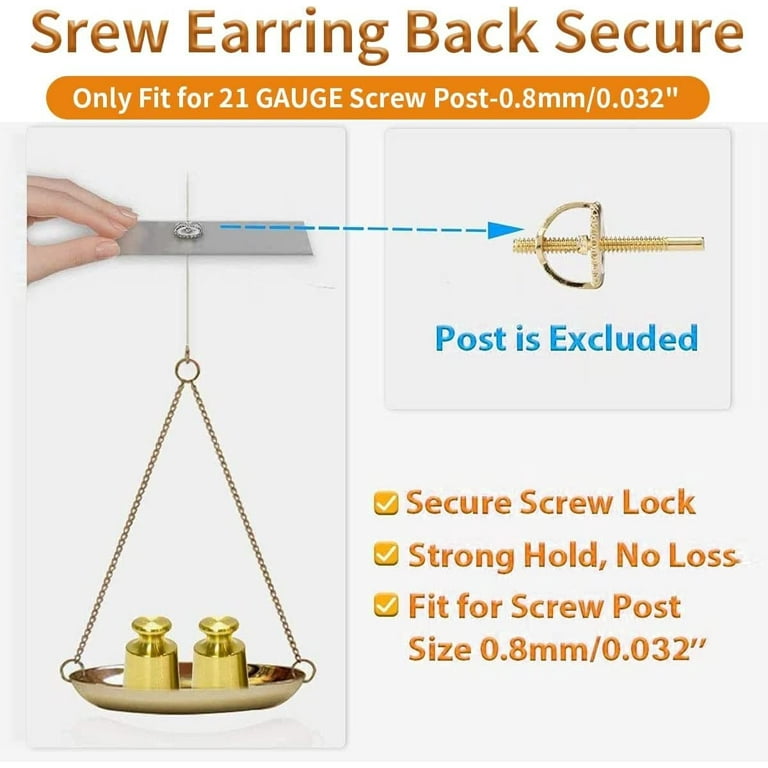 14K Gold Screw-on Earring-Backs Replacement for Threaded Post (0.032'')  Only, 4 Pairs Silver Secure ScrewBack Backing Hypoallergenic (5mm Small) 