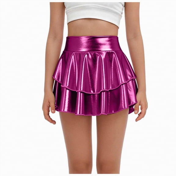 Godom Girls Metallic Skater Skirt 4T-12T Shiny Holographic Flared Skort with Safety Shorts Party Concert,Purple