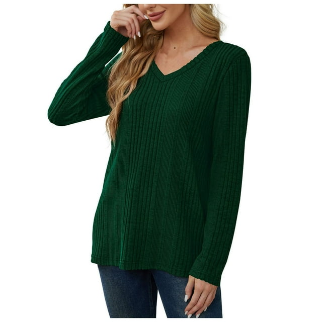 Kogui Chandails Mignons pour Femmes Automne Mode Automne 2025 Chandails à Blocs de Couleur Légers à Rayures Col Ras du Cou Hiver Tendance Chandails à Enfiler Hauts (Vert,P)