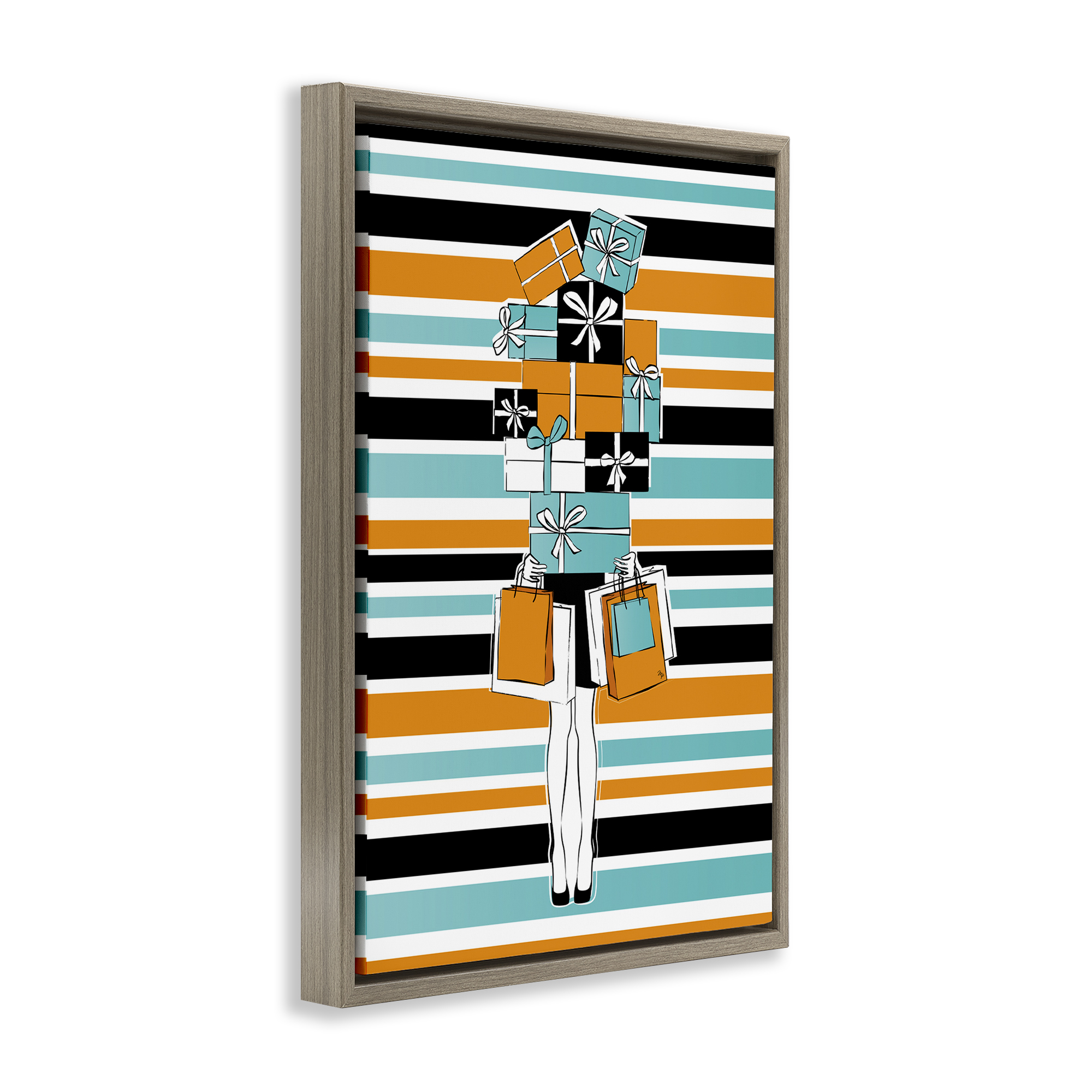 Stupell Industries Stacked Shopping Boxes Beauty & Fashion Painting Brown Floater Framed Art Print Wall Art, 17 x 25