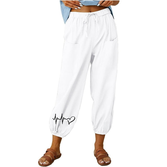 ameIAEA Womens Elastic Waisted Drawstring Pants Wide Leg Print Casual Trousers with Pockets
