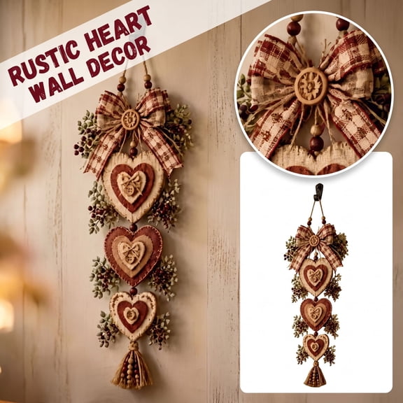 Wooden Wall Art Decor, Farmhouse Wall Decor, 24 Inch Primitive Heart Hanging Wall Decor, Country Wall Decorations for Living Room, Rustic Wooden Bead Bow Wall Decor, Handcrafted