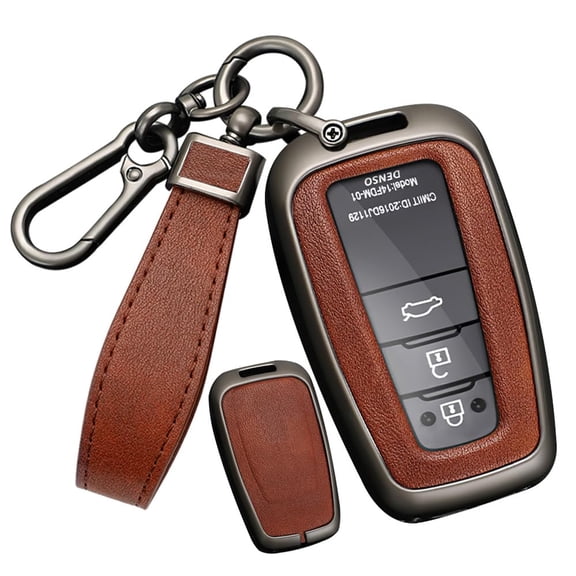 Leather 3/4 Button Key Fob Cover Fit for Toyota RAV4 Camry 2021 2020 Avalon C-HR Prius Corolla Highlander GT86 Keyless with Leather Keychain