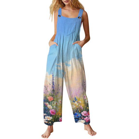 WTOBBY Women's Sleeveless Casual Cotton Jumpsuit with Printed Design, Lightweight and Comfortable for Everyday Wear, Perfect for Warm Weather,BlueL
