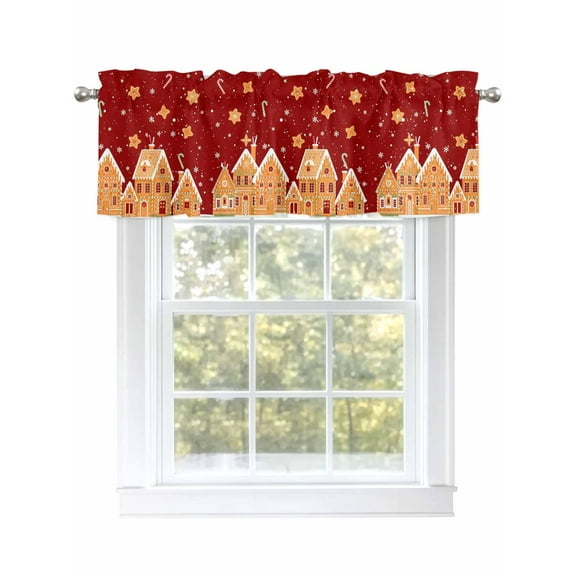 Christmas Valances for Windows Candy Gingerbread House Snow Red Backdrop Rod Pocket Curtains Valance Short Window Treatment Drapes for Living Room, Bedroom Bathroom 56" W x 16" L