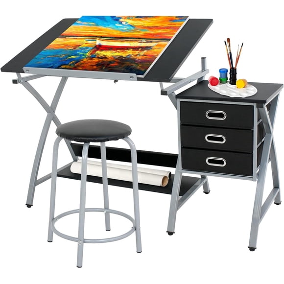 JJUN Drafting Table and Stool, Tilted Draft Table Desk w/Drawers, Artist Drawing Desk Craft Table for Drafting, Painting, Reading, Writing