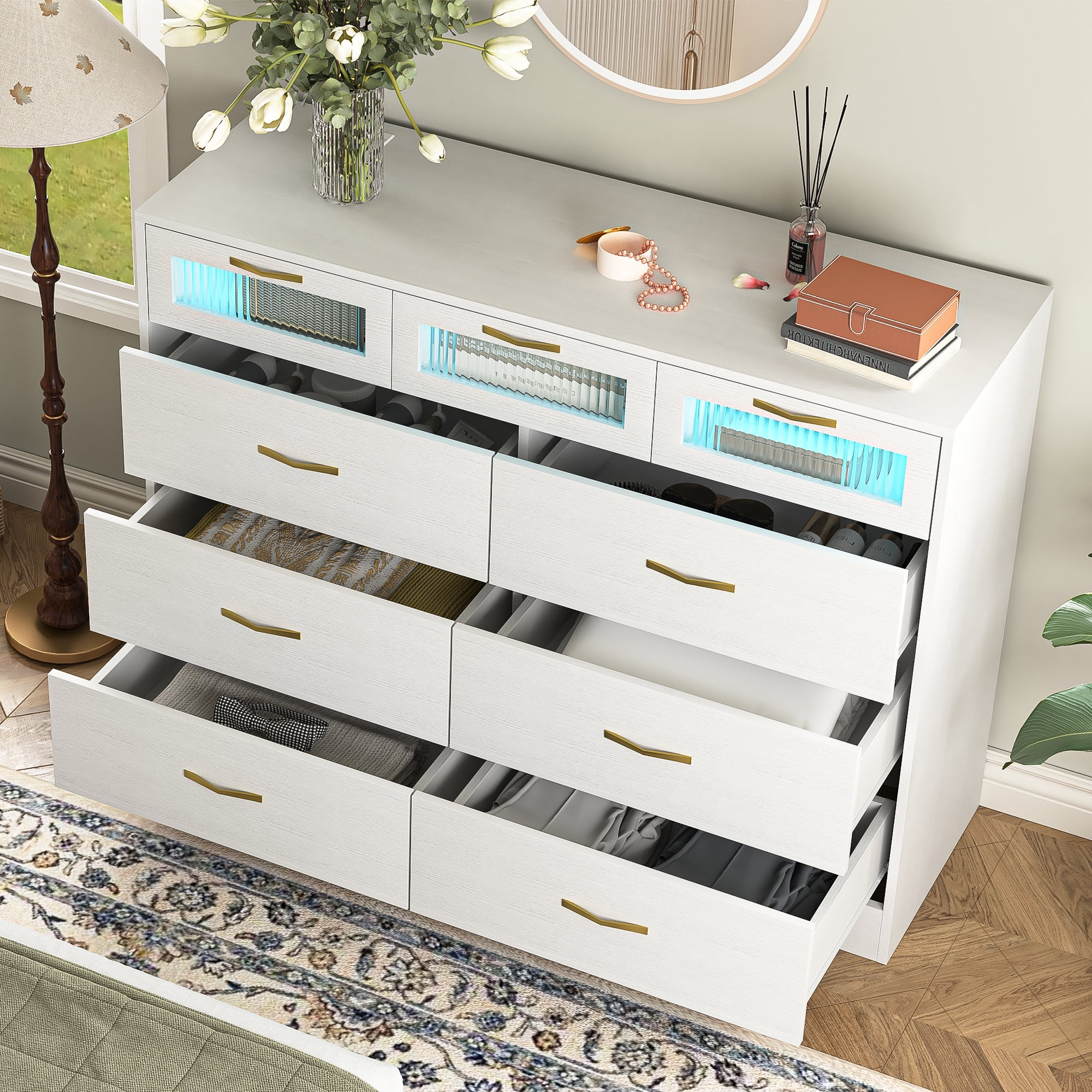 Finihen 6 Drawers Double Dresser with LED Lights and Charging Station, Modern Chest of Drawers, Clothes Storage Cabinet for Bedroom, Living Room, Hallway, White Finihen 6 Drawers Double Dresser with LED Lights and Charging Station, Modern Chest of Drawers, Clothes Storage Cabinet for Bedroom, Living Room, Hallway, White