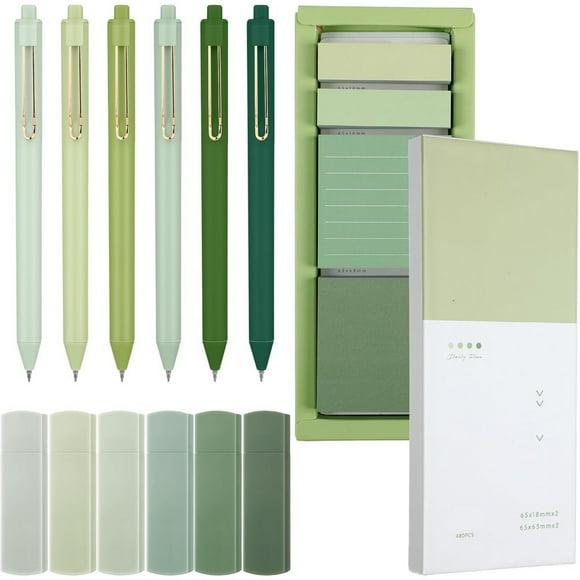 HLONK 13pcs Green Stationery Set Includes 1 Box of Sticky Notes 6 Pens and Office Supplies
