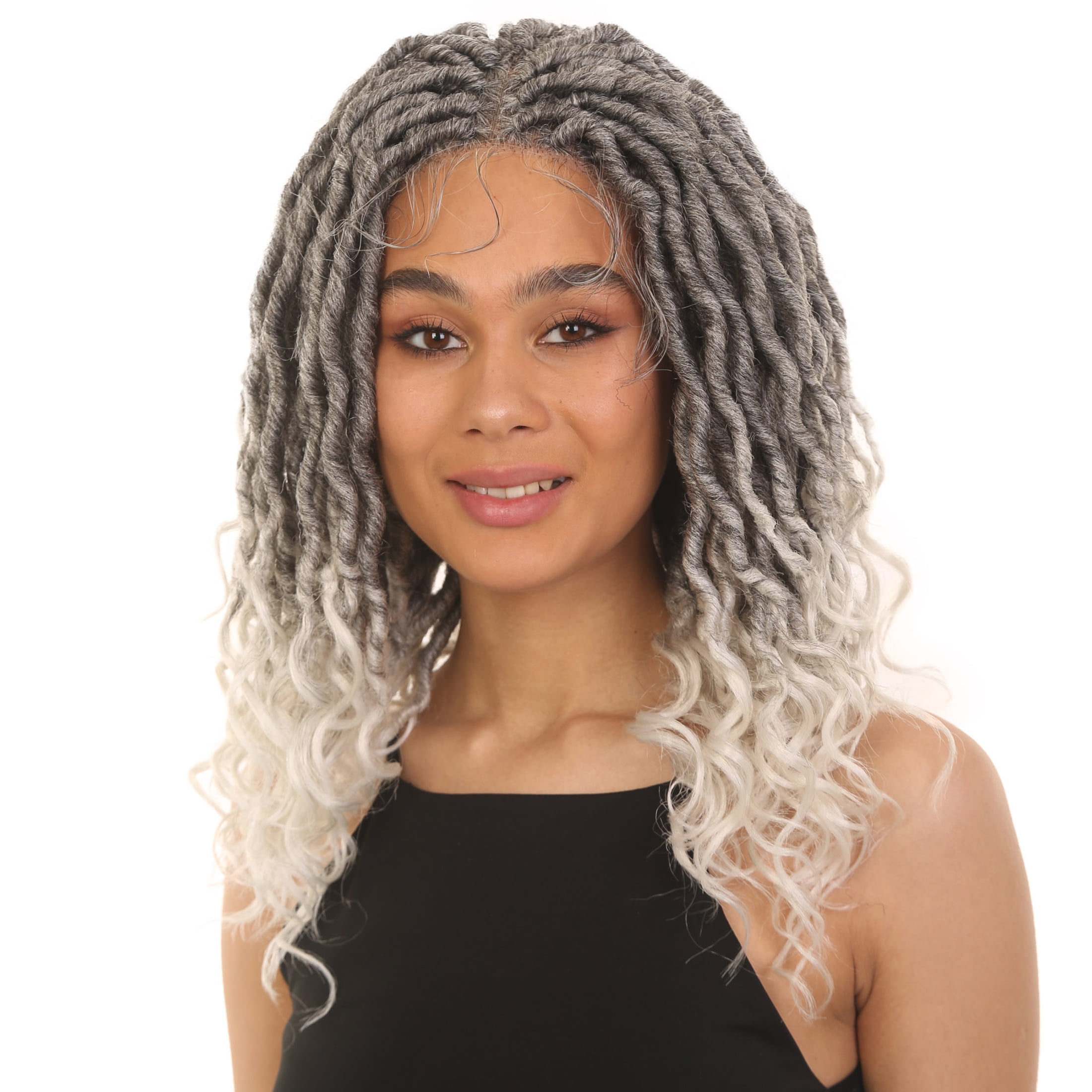 LUXLUXE 19" Black & White Wig Andrea Curly Layered for Women Long Hand Tied Lace Braided Wigs, Made from Heat Resistant Synthetic Wigs