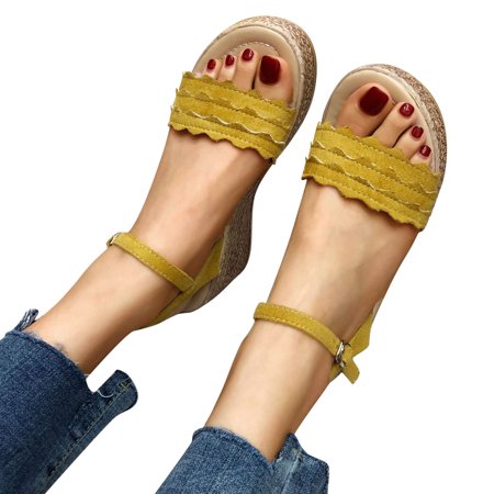 

Pgeraug womens slippers Women Wedge Sandals Block Heel Shiny Rhinestone Shoes Open Toe Prom Block Heel Sandals mens slippers Yellow 37