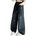 thumbnail image 2 of Girls' Embroidered Love Heart Design Loose Fit Straight Leg Casual Denim Pants, 2 of 7
