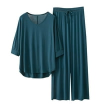 bnaln Lounge Sets for Womens Pajama Sets 3/4 Length Sleeve V Neck Summer Tops Elastic Waist Wide Leg Pants Summer Outfits Loose Casual T-Shrits Baggy Trousers Sleepwear Homewear