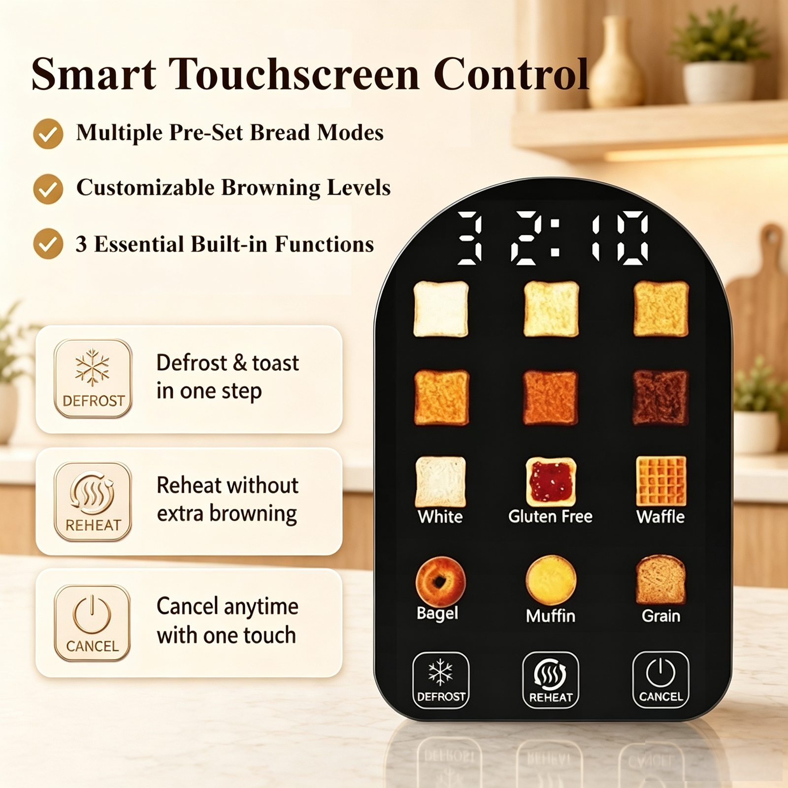 Mecity 2-Slice Retro Stainless Steel Toaster with Touch Screen photo 4