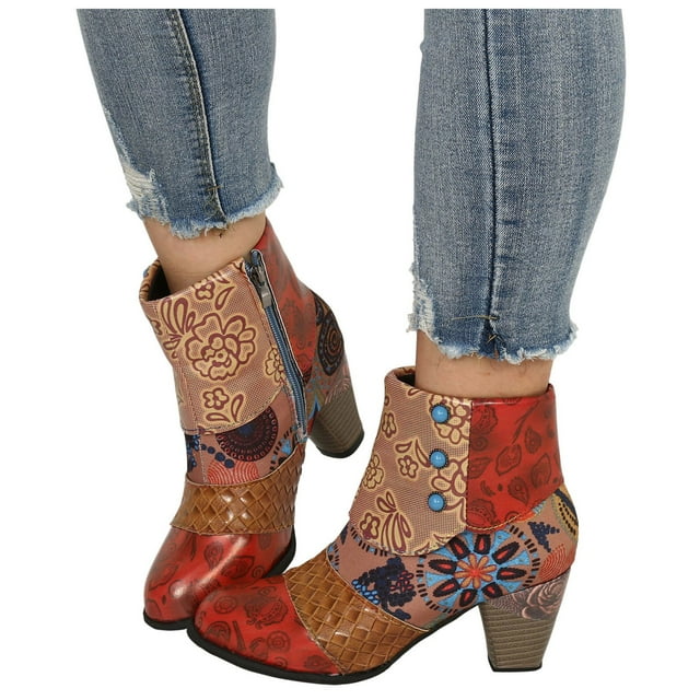 Leozcaa Bottines à Talons pour Femmes en Cuir Coloré à Bout Rond, Style Bohème, Talons Hauts Épais, Bottines Courtes Habillées