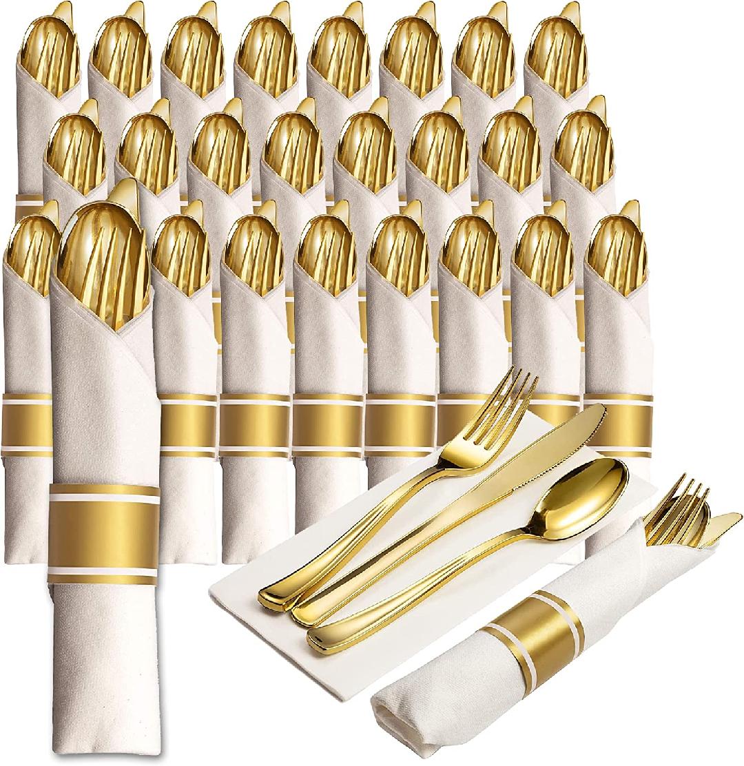 25 Pre Rolled Gold Plastic Silverware, 100pc Wrapped Disposable Set