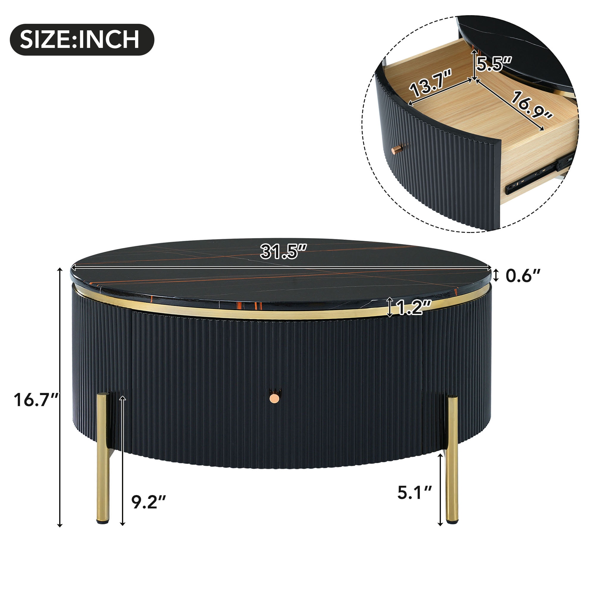 Euroco Modern Round Coffee Table with 2 large Drawers Storage Accent Table(31.5'')