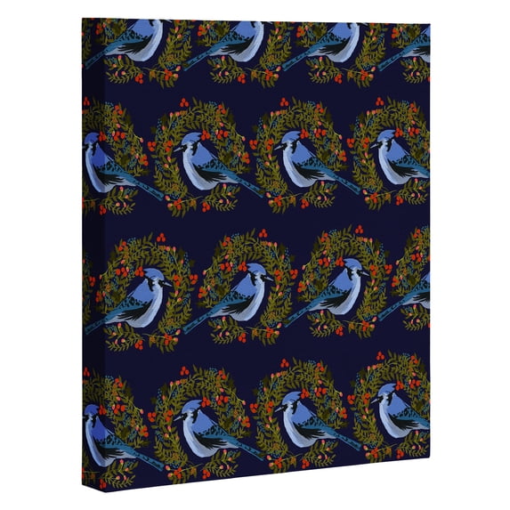 Society6 Joy Laforme Christmas Blue Jay Wreaths 16" x 20" Walnut Framed Art Canvas