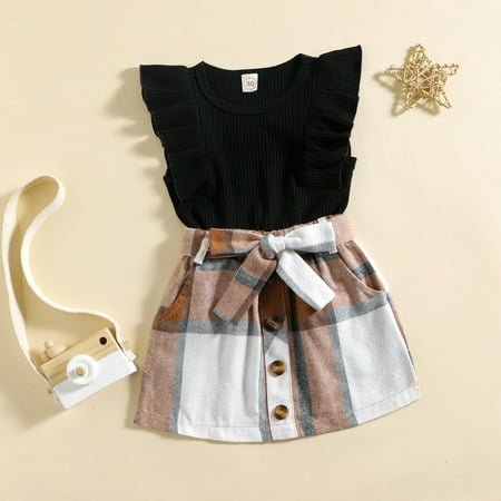 

Wiueurtly Kids Toddler Baby Girls Spring Summer Ribbed Cotton Sleeveless Tops Plaid Skirts Set Clothes Long T Shirt Girl