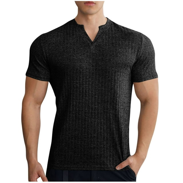 Men's Muscle T Shirts Stretch Short Sleeve V Neck Bodybuilding Workout Tee Shirts Slim Fit Ribbed Knit Shirt