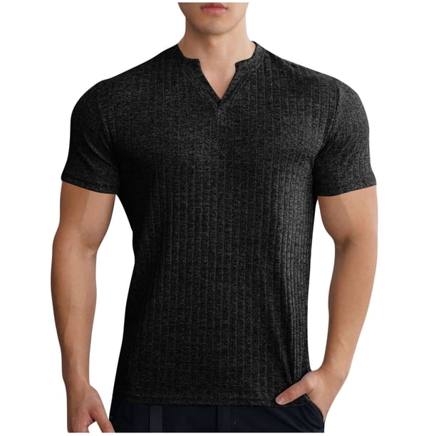 Camisas de Verano Casuales de Manga Corta de los Hombres Color Sólido V-Cuello Suelto Blusa de Fitness Elástica, 75% Poliéster 20% Rayón 5% Spandex