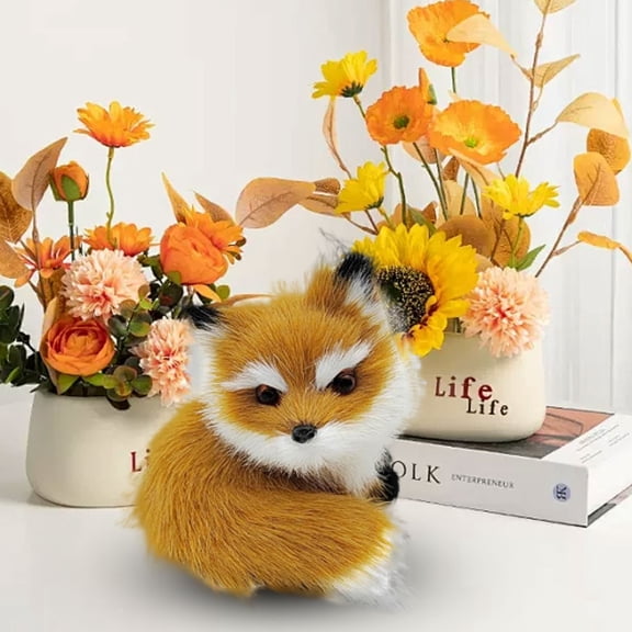 Goowood Lifelike Fox Plush Ornament Toy Realistic Animal Figurine for Computer Monitor Decor Desk and Bookshelf Small Handmade Bird Decor