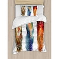 thumbnail image 3 of Asian Queen Size Duvet Cover Set, Asian Ethnic Feathers with Tribal Ornament Ceremonial Esoteric Inspired Design Print, Decorative 3 Piece Bedding Set with 2 Pillow Shams, Orange Blue, by Ambesonne, 3 of 3