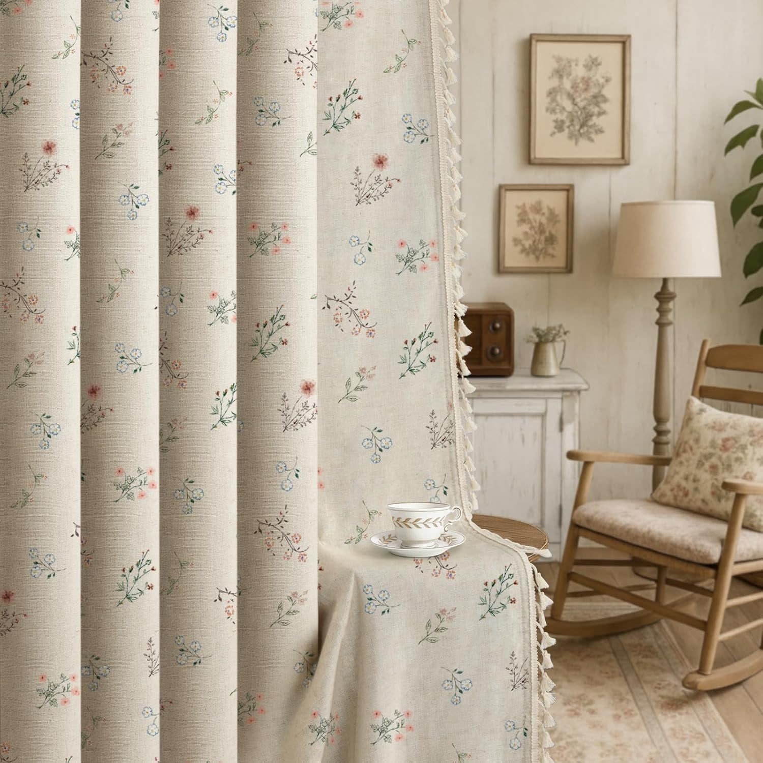 Boho Floral 100% Blackout Curtains 84 Inch Length 1 Panel, Linen Texture Farmhouse Curtains Beige Tassel for Living Room Bedroom Vintage Rustic Patterned Printed Western Rod Pocket