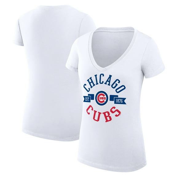 Women's G-III 4Her by Carl Banks White Chicago Cubs Super-Slim Fit Lightweight City Graphic V-Neck T-Shirt