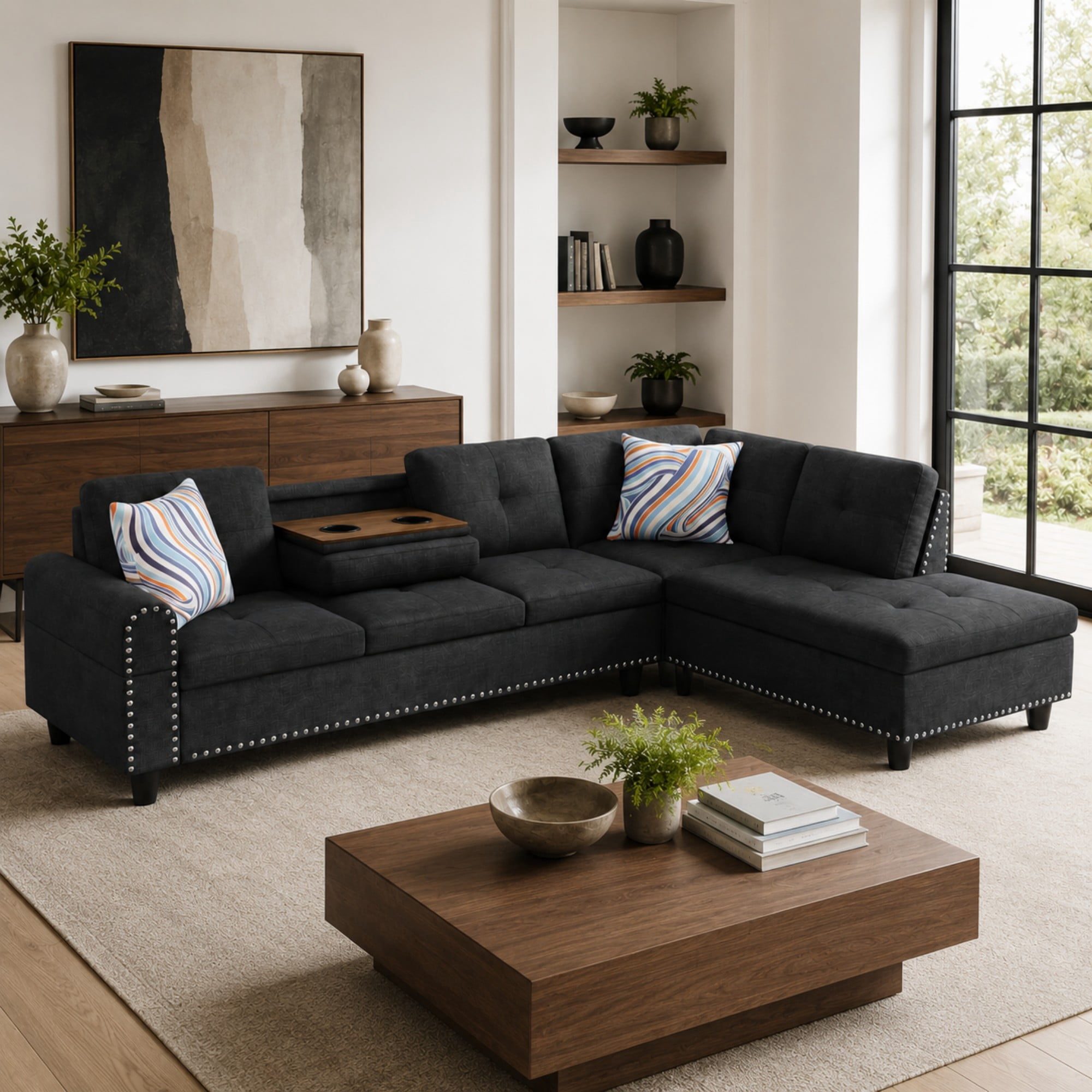Momspeace 98" L-Shaped Sectional Sofa, Oversized 6 Seater Sofa with Cup Holder, Linen, Black