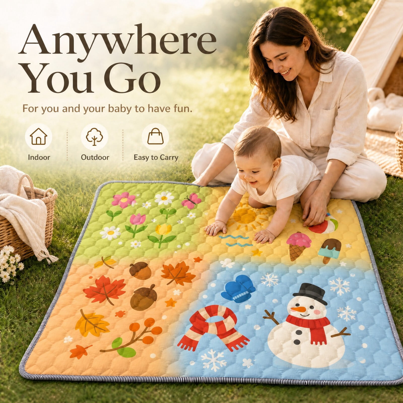 Easy4Home Large Baby Play Mat for Infants & Toddlers, 50"x50" Thick Cushioned Crawling Mat, Foldable Non-Slip Floor Playmat