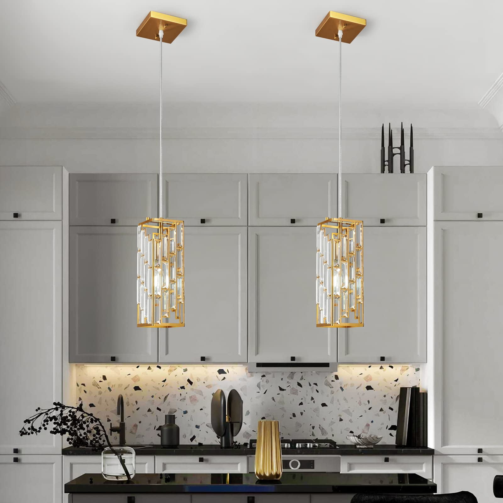 ZHLWIN Gold Pendant Lighting Modern Pendant Light, Mini Crystal Chandeliers,Adjustable Pendant Light Fixture for Kitchen Island Dinning Room Bedroom, 2 Pack