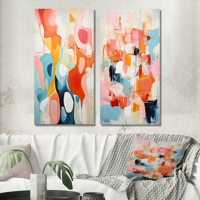 Designart "Atomic Abstraction Pink Beige Mid Century Art II" Abstract Wall Art Set Of 2 - Pink Abstract Gallery Wall Set For Home Decor