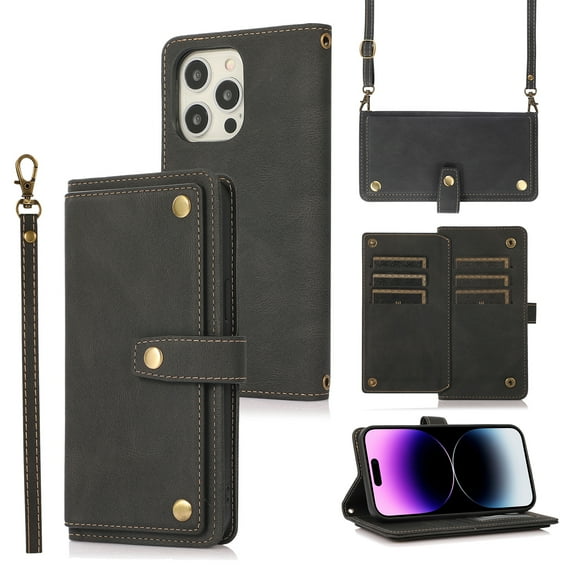 Feishell Crossbody Wallet Case for iPhone 14 Pro 6.1 inch,for Women Men,Retro PU Leather Magnetic Button Flip Stand Credit Card Holder Phone Case with Adjustable Shoulder Strap,Black