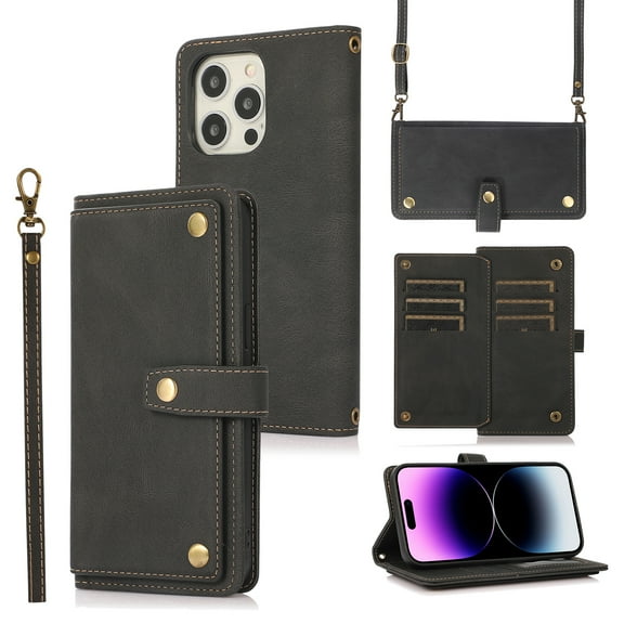 TECH CIRCLE iPhone 14 Pro Wallet Case for Women, PU Leather Flip Cover with Card Holder Kickstand Feature Protective Case with Shoulder Strap Wrist Strap for iPhone 14 Pro 6.1 Inch, Black