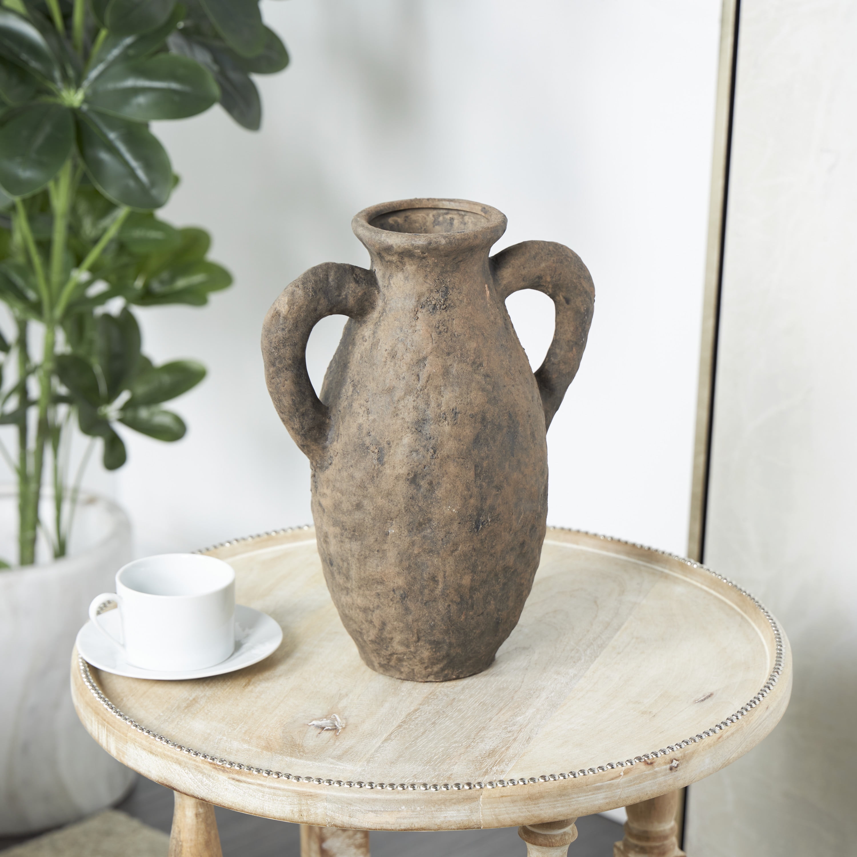 DecMode 14" Handmade Textured Dark Brown Ceramic Vase with Wide Rounded Handles
