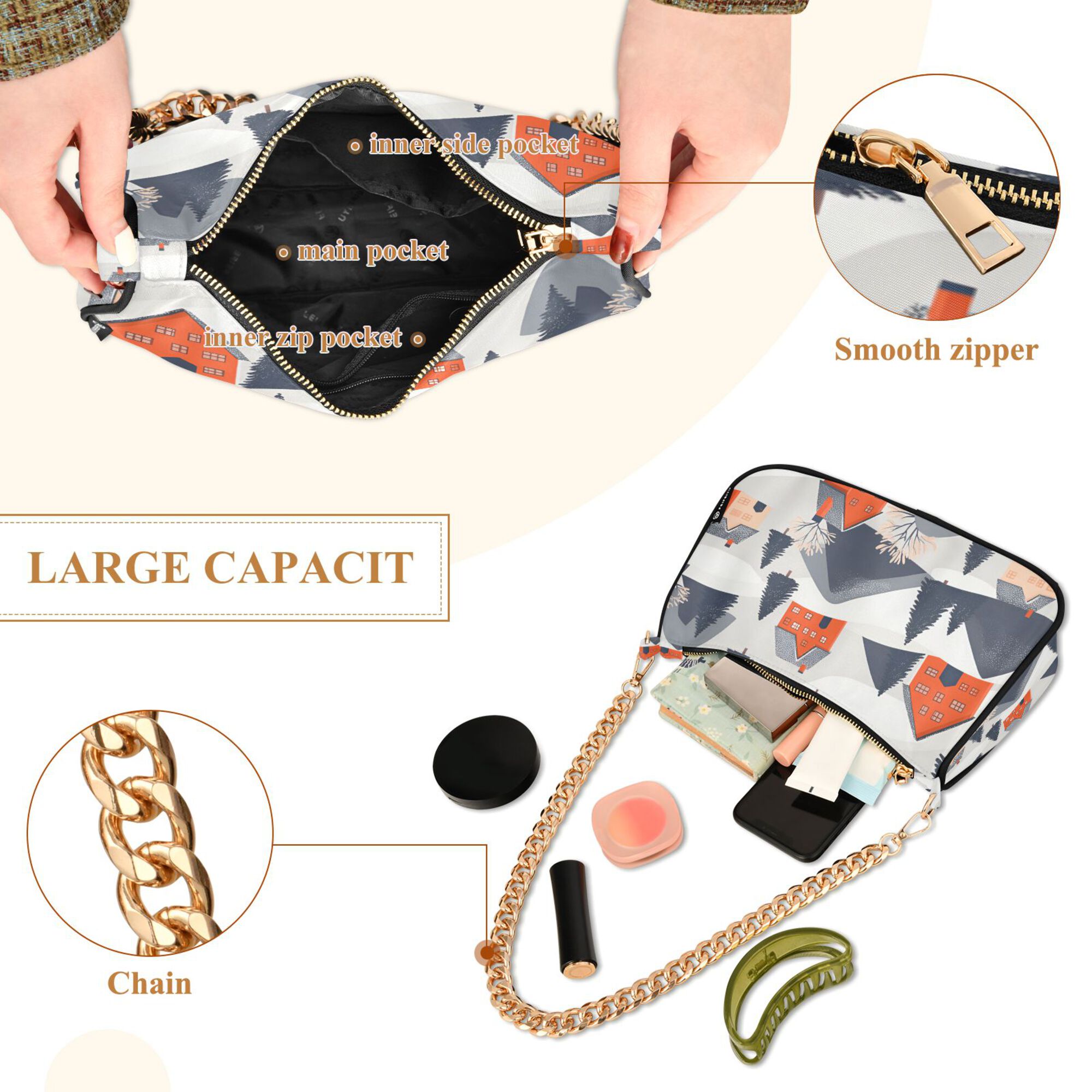 FORMRS Womens Shoulder Bag with Chain Strap Clutch Purse Cute Tote Handbag, Blue Snow Houses