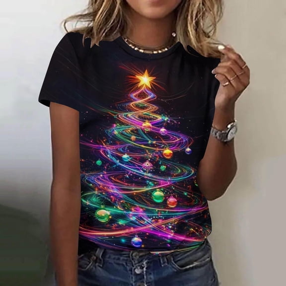 Hueook Christmas Short Sleeve Shirts for Women Christmas Printed Short Sleeved Round Neck Top Multicolor 5X