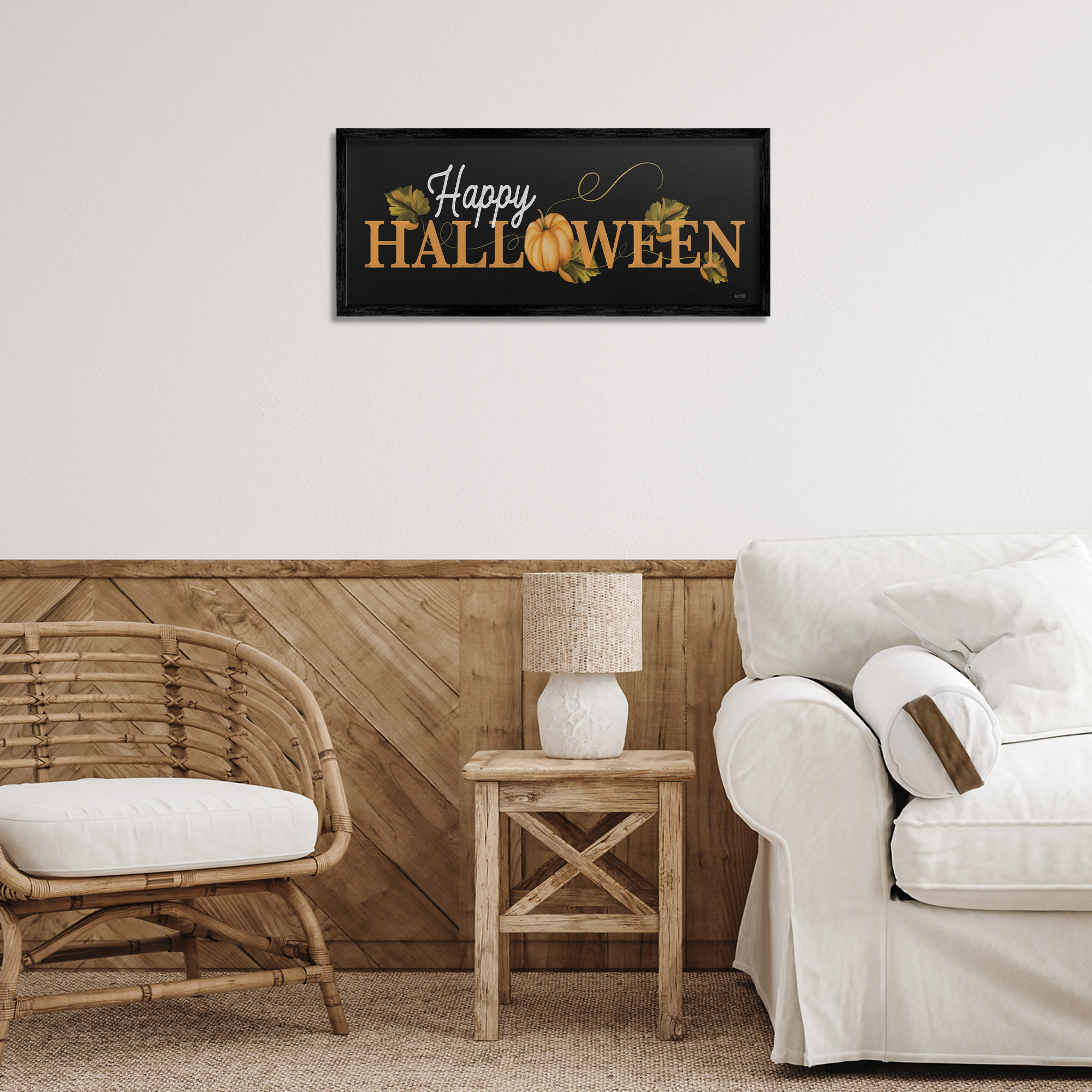 Stupell Industries Happy Halloween on Black Holiday Painting Black Framed Art Print Wall Art, 24 x 10