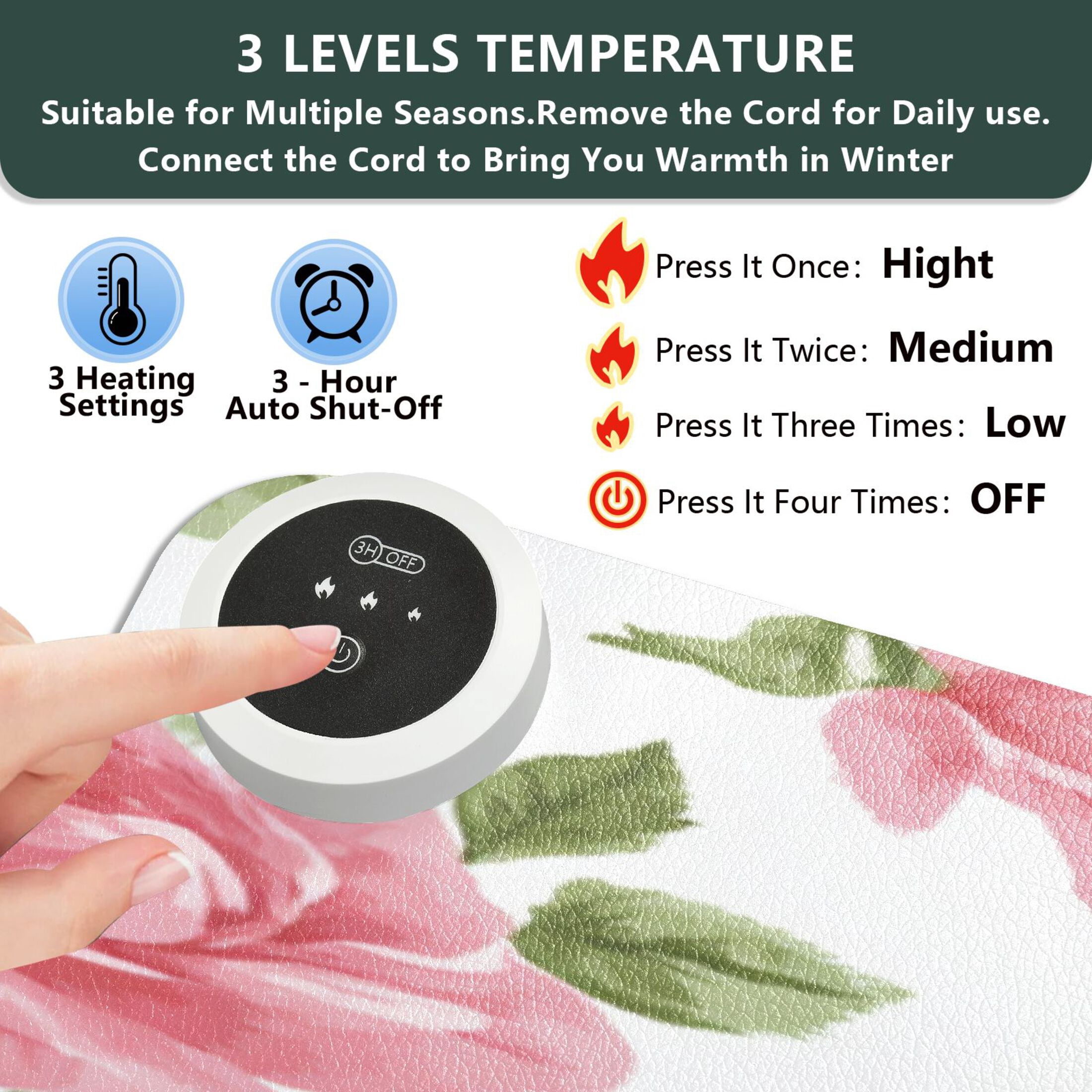 Large Heated Desk Mat Mouse Pad 31.5"x13"PU Leather Graphene Heating Desk Warmer with 3 Temperature Settings 110V US Plug Non-Slip Warm Pad for Home, Office, and Gaming Floral Rose Seamless Print