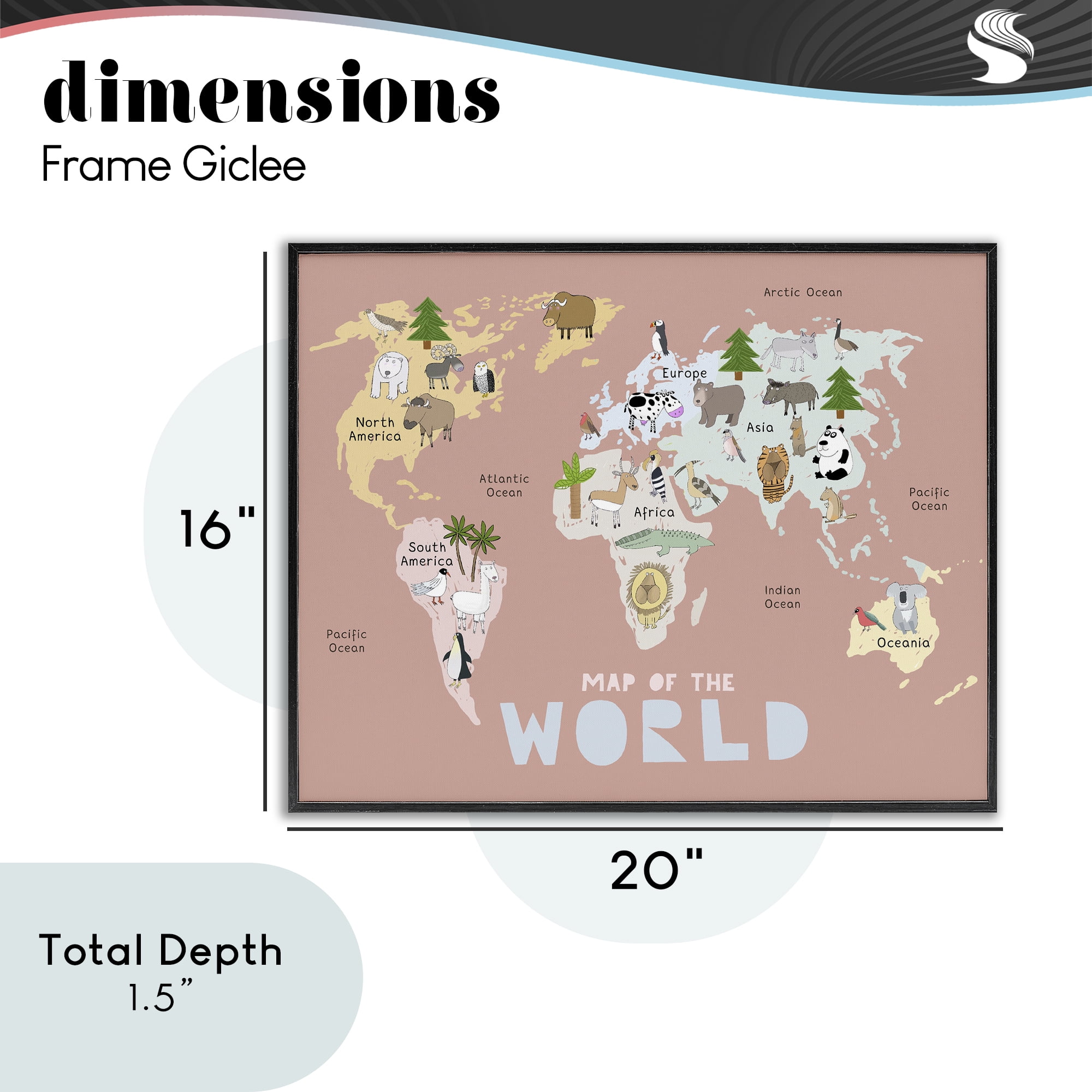 Kid's Map Of World Pink Black Framed Giclee Art, design by Carla Daly