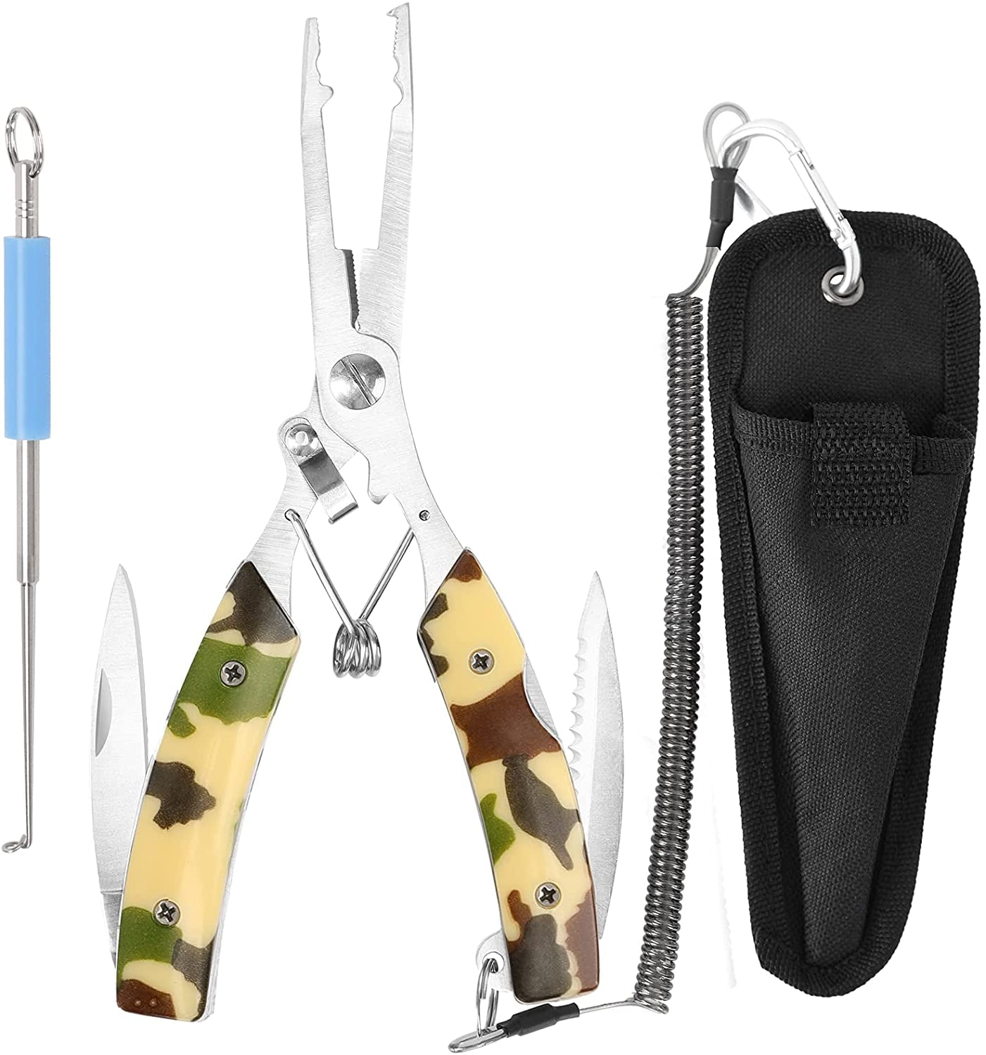 FZENeast Fishing Pliers, Stainless Steel Multifunctional Fish Pliers,  Camouflage Fishing Tool with Hook Remover, Sheath and Lanyard, Fishing  Gifts for Men 