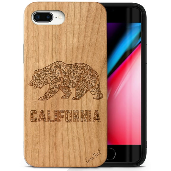 Case Yard Wooden Case Outside Soft TPU Silicone Slim Fit Shockproof Wood Protective Phone Cover for Girls Boys Men and Women Supports Wireless Charging California Grizzly Design case for iPhone-8-Plus
