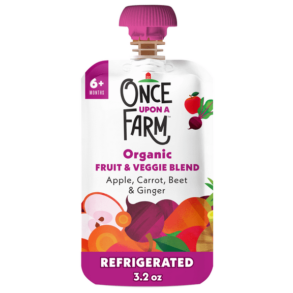 Once Upon a Farm Organic Refrigerated Baby Food Fruit & Veggie Blend Apple, Carrot, Beet & Ginger with Flax Seed, 3.2oz Pouch