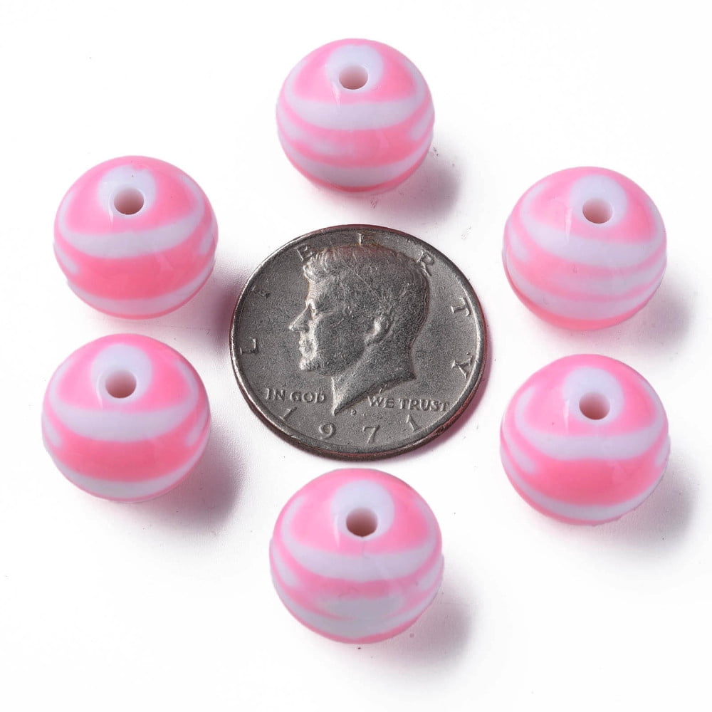Opaque Striped Acrylic Beads Round Pearl Pink 19mm Hole: 3mm about 112pcs/500g