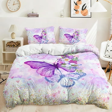 Butterfly Quilt Set Rainbow Watercolor Printed Pattern Bedding 3D Color Butterfly Bedding Pink and Blue Girl Butterfly Duvet Set1 sheet   2 pillowcases